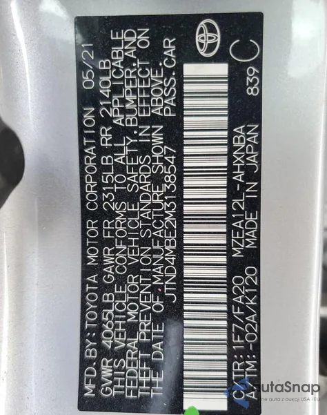 2021 Toyota Corolla Se from USA, damaged, VIN JTND4MBE2M3138547